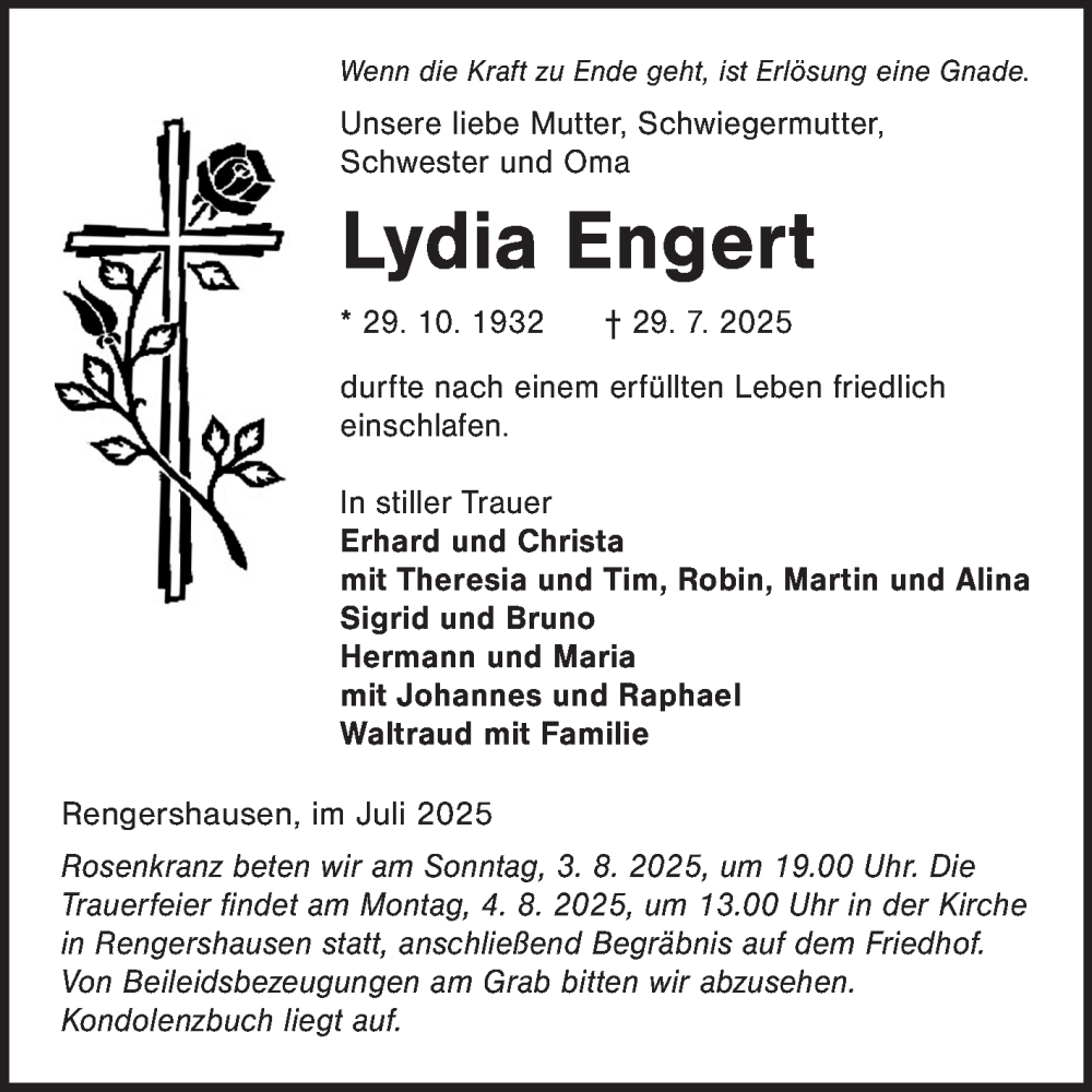  Traueranzeige für Lydia Engert vom 01.08.2025 aus Fränkische Nachrichten