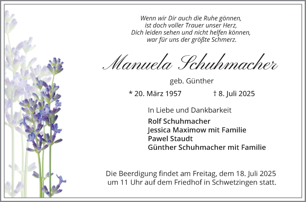  Traueranzeige für Manuela Schuhmacher vom 12.07.2025 aus Schwetzinger Zeitung