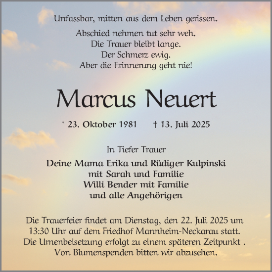Traueranzeige von Marcus Neuert von Mannheimer Morgen