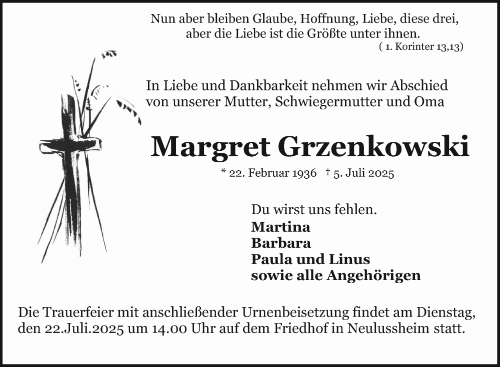  Traueranzeige für Margret Grzenkowski vom 17.07.2025 aus Schwetzinger Zeitung