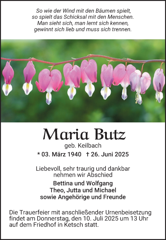Traueranzeige von Maria Butz von Schwetzinger Zeitung