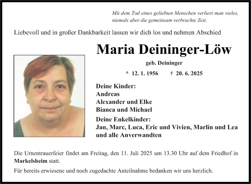  Traueranzeige für Maria Deininger-Löw vom 08.07.2025 aus Fränkische Nachrichten