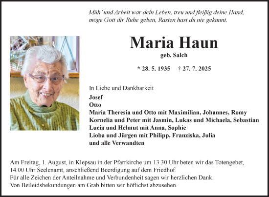 Traueranzeige von Maria Haun von Fränkische Nachrichten