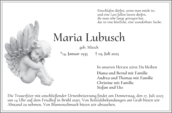 Traueranzeige von Maria Lubusch von Schwetzinger Zeitung