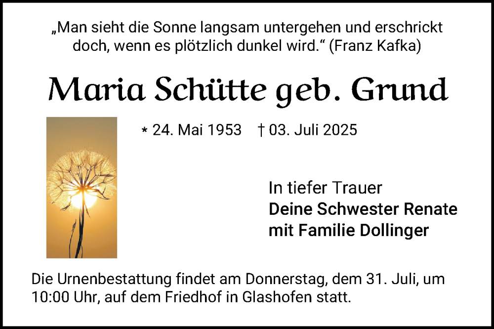  Traueranzeige für Maria Schütte vom 26.07.2025 aus Fränkische Nachrichten