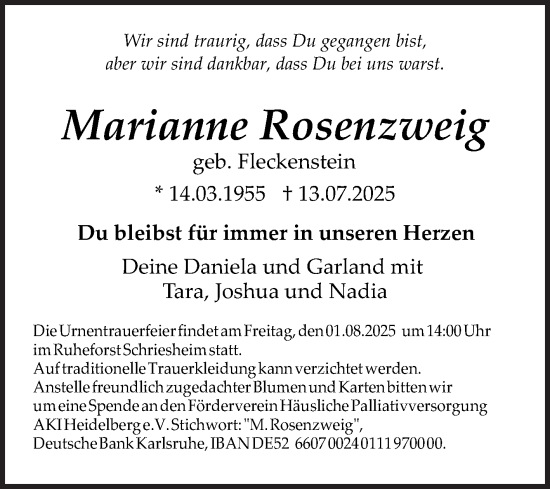 Traueranzeige von Marianne Rosenzweig von Mannheimer Morgen