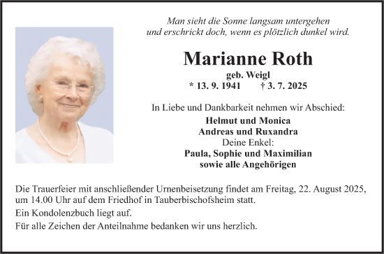Traueranzeige von Marianne Roth von Fränkische Nachrichten