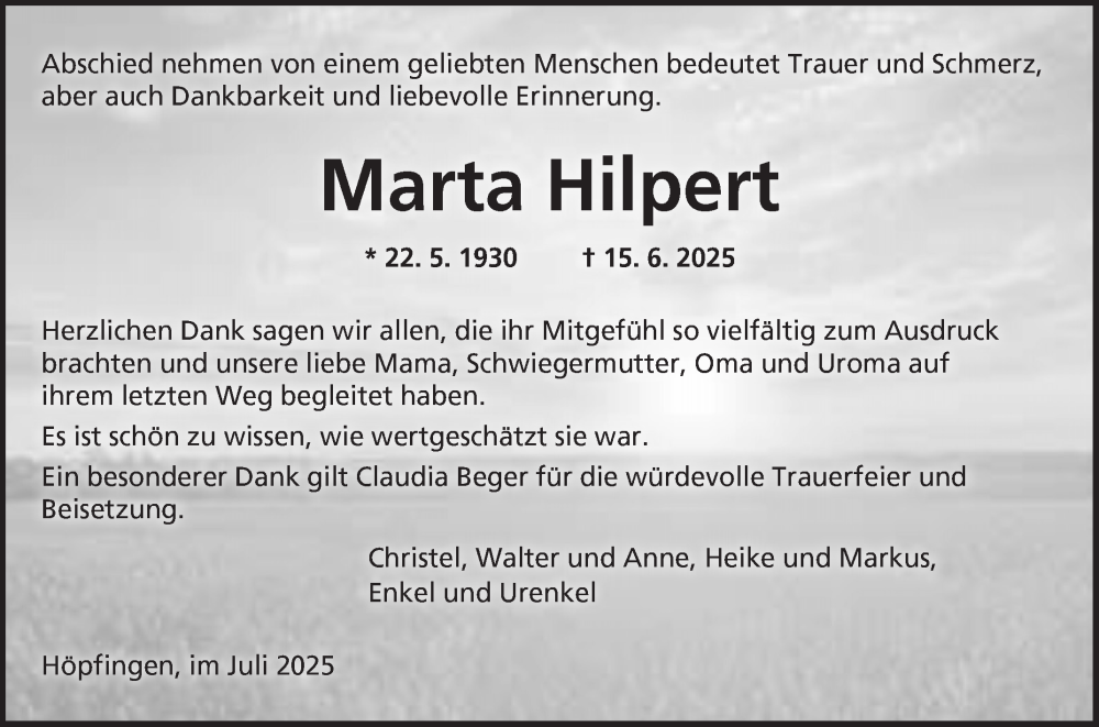  Traueranzeige für Marta Hilpert vom 12.07.2025 aus Fränkische Nachrichten
