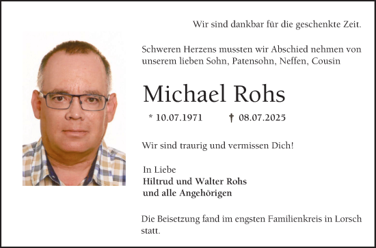 Traueranzeige von Michael Rohs von Bergsträßer Anzeiger