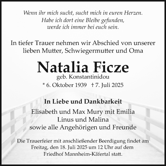 Traueranzeige von Natalia Ficze von Mannheimer Morgen