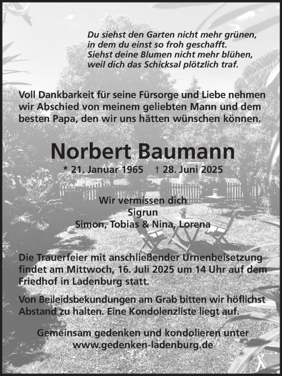 Traueranzeige von Norbert Baumann von Mannheimer Morgen