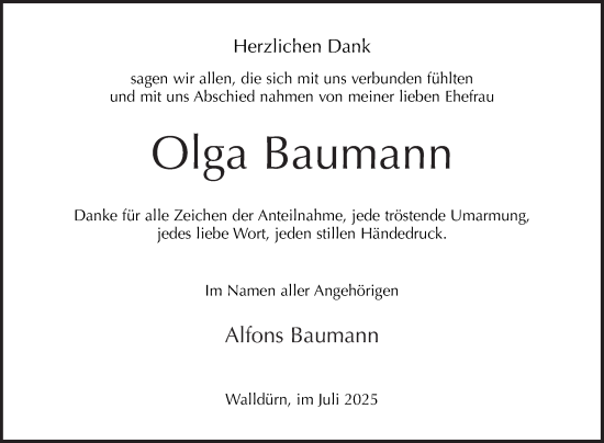 Traueranzeige von Olga Baumann von Fränkische Nachrichten