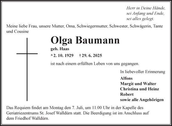 Traueranzeige von Olga Baumann von Fränkische Nachrichten