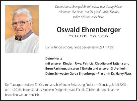 Traueranzeige von Oswald Ehrenberger von Fränkische Nachrichten