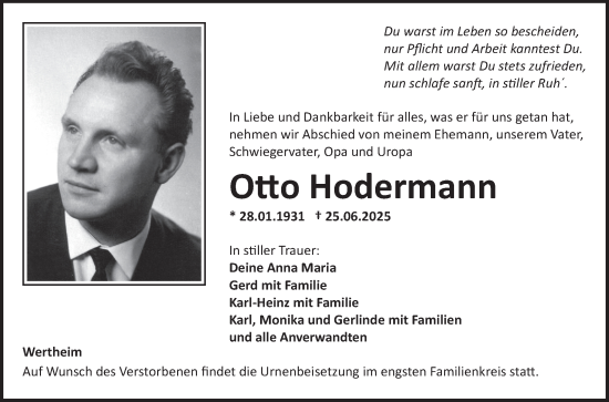 Traueranzeige von Otto Hodermann von Fränkische Nachrichten