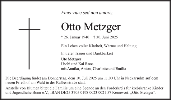 Traueranzeige von Otto Metzger von Fränkische Nachrichten