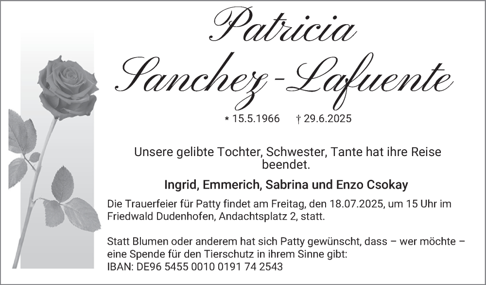  Traueranzeige für Patricia Sanchez-Lafuente vom 17.07.2025 aus Schwetzinger Zeitung