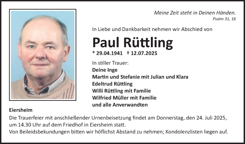  Traueranzeige für Paul Rüttling vom 19.07.2025 aus Fränkische Nachrichten