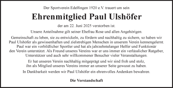 Traueranzeige von Paul Ulshöfer von Fränkische Nachrichten