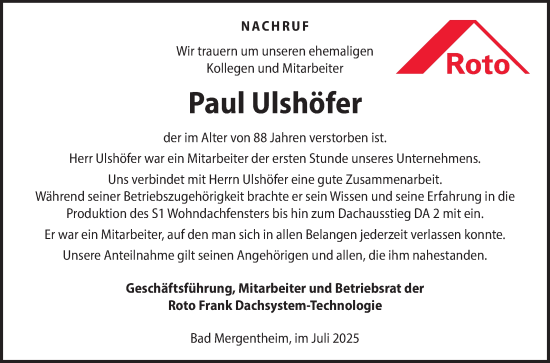 Traueranzeige von Paul Ulshöfer von Fränkische Nachrichten