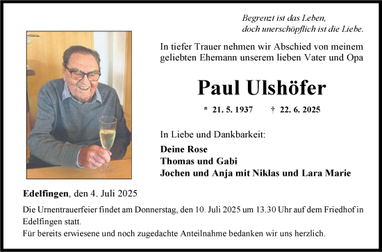 Traueranzeige von Paul Ulshöfer von Fränkische Nachrichten