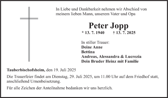 Traueranzeige von Peter Jopp von Fränkische Nachrichten