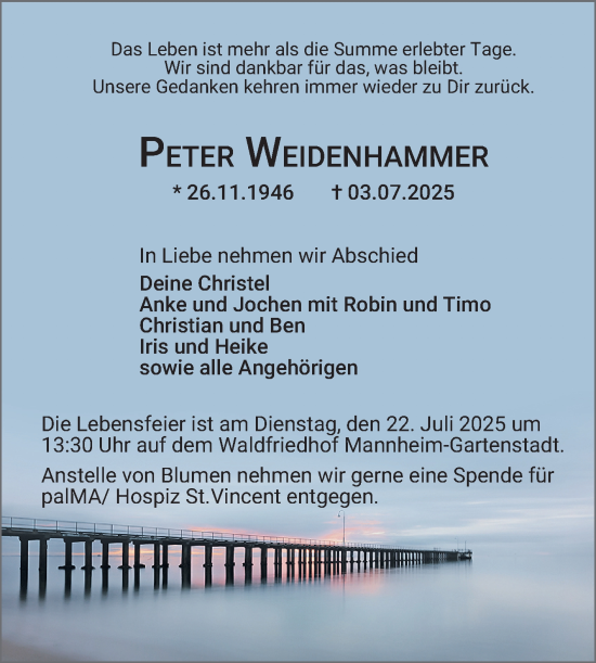 Traueranzeige von Peter Weidenhammer von Mannheimer Morgen