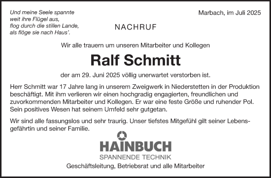 Traueranzeige von Ralf Schmitt von Fränkische Nachrichten
