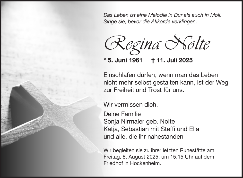  Traueranzeige für Regina Nolte vom 26.07.2025 aus Mannheimer Morgen