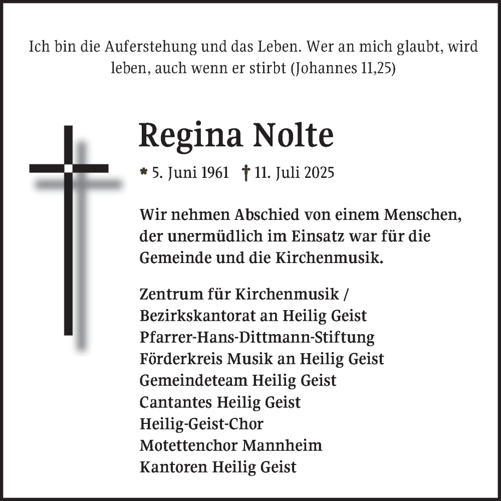  Traueranzeige für Regina Nolte vom 19.07.2025 aus Mannheimer Morgen
