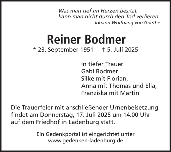 Traueranzeige von Reiner Bodmer von Mannheimer Morgen