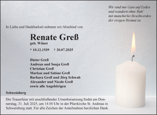 Traueranzeige von Renate Greß von Fränkische Nachrichten