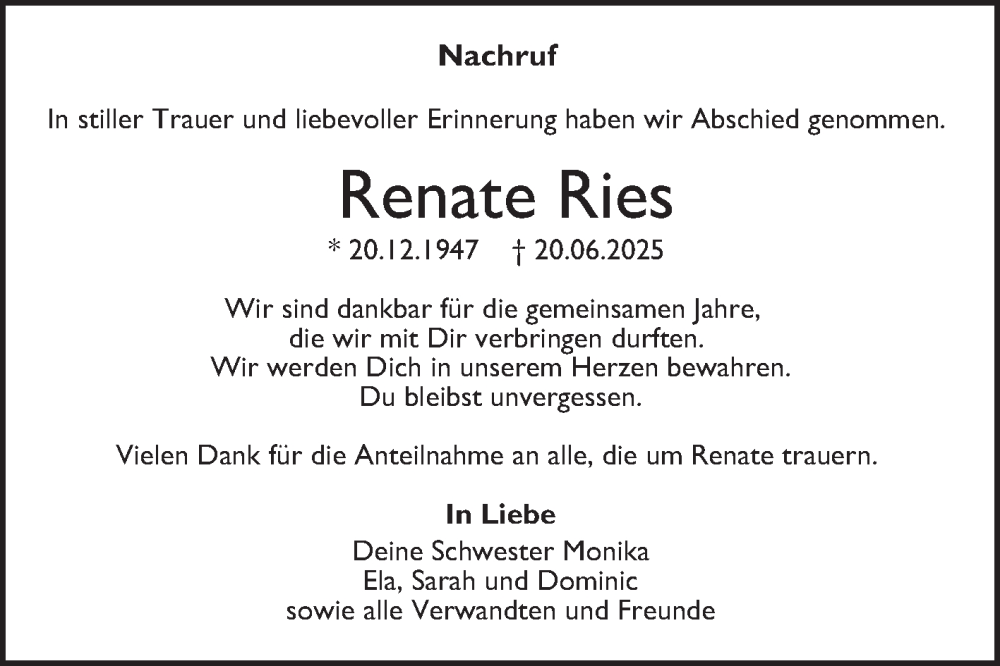  Traueranzeige für Renate Ries vom 12.07.2025 aus Mannheimer Morgen
