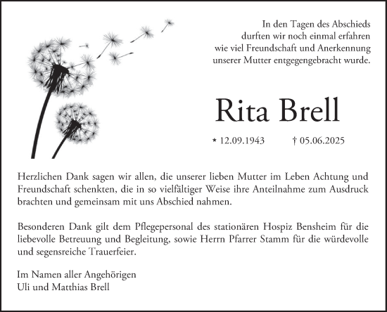 Traueranzeige von Rita Brell von Bergsträßer Anzeiger