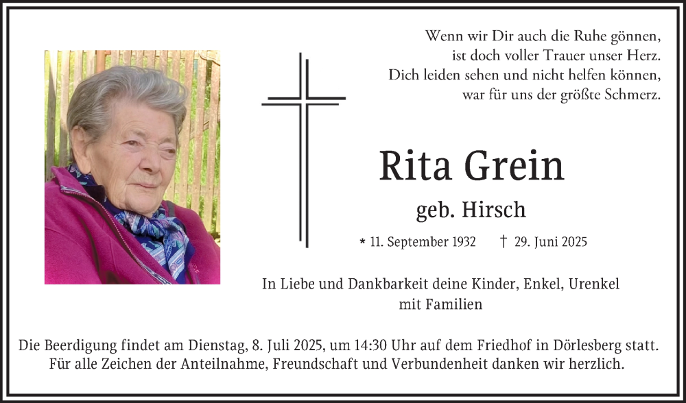  Traueranzeige für Rita Grein vom 05.07.2025 aus Fränkische Nachrichten