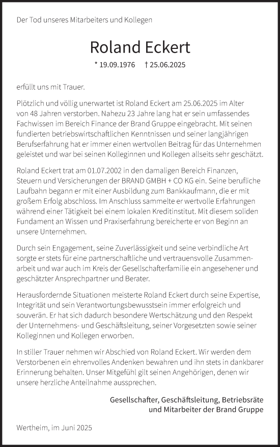 Traueranzeige von Roland Eckert von Fränkische Nachrichten