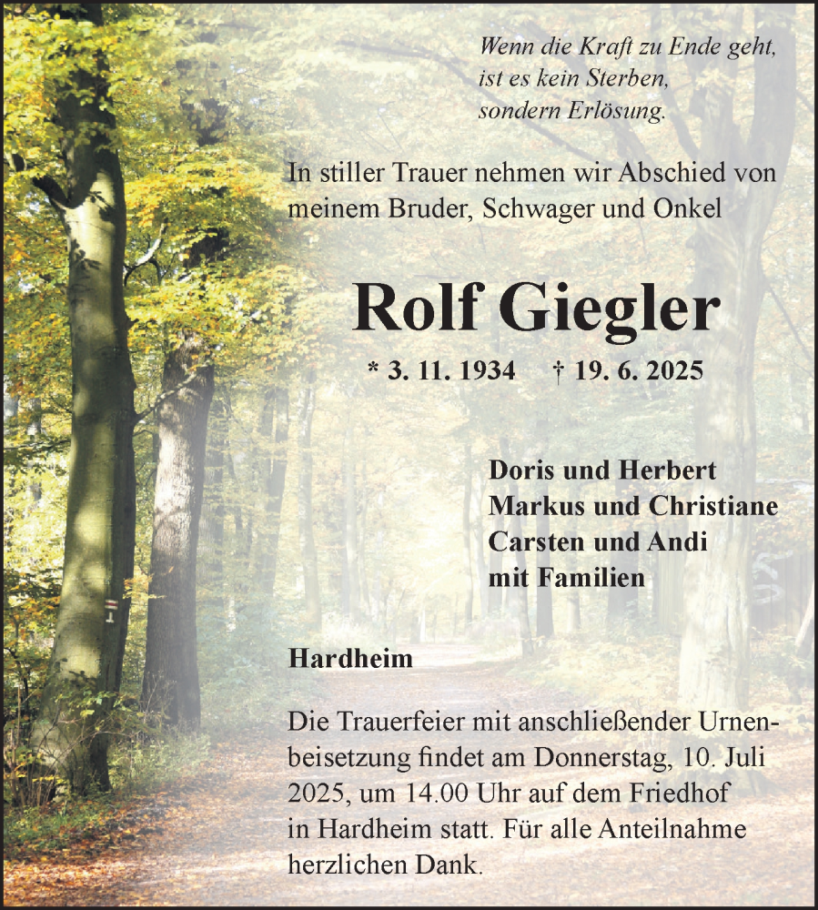  Traueranzeige für Rolf Giegler vom 04.07.2025 aus Fränkische Nachrichten