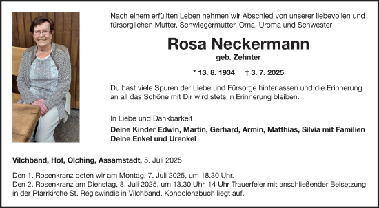 Traueranzeige von Rosa Neckermann von Fränkische Nachrichten