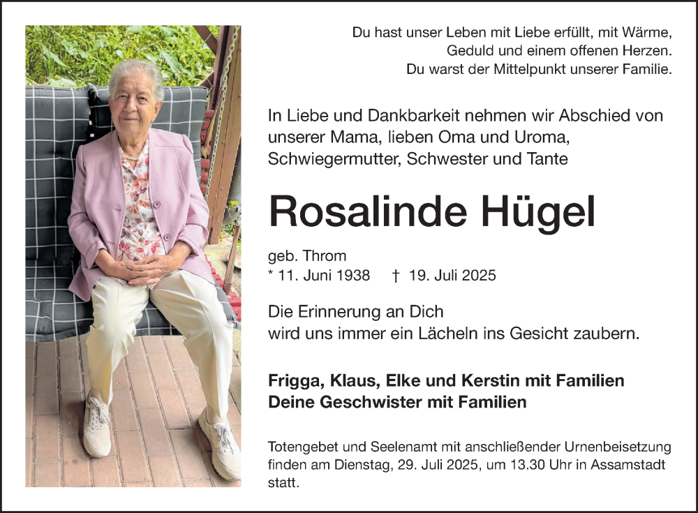  Traueranzeige für Rosalinde Hügel vom 25.07.2025 aus Fränkische Nachrichten