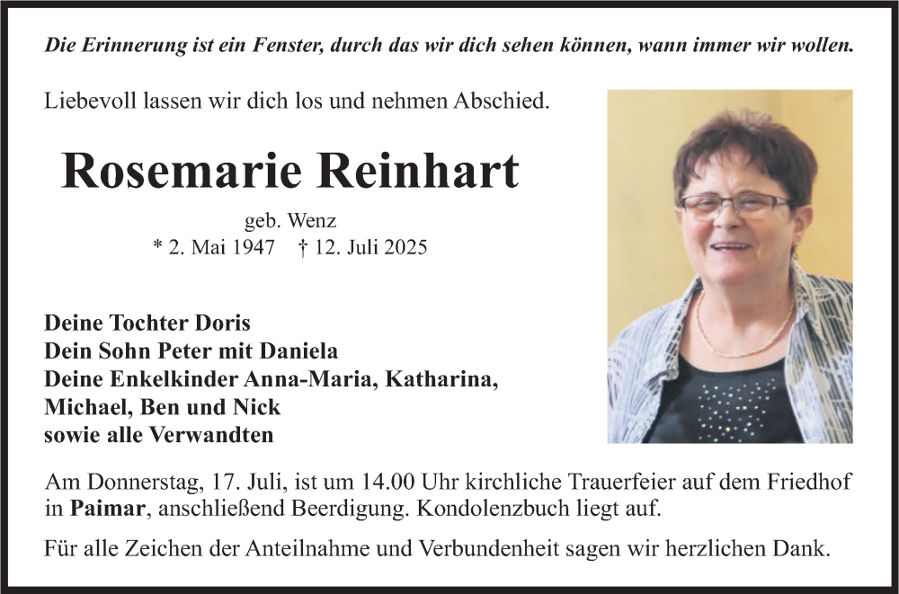  Traueranzeige für Rosemarie Reinhart vom 15.07.2025 aus Fränkische Nachrichten