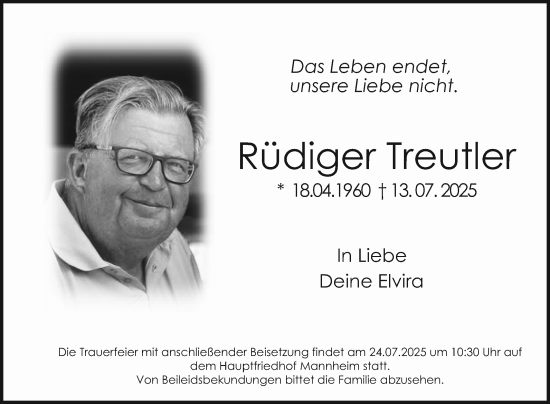 Traueranzeige von Rüdiger Treutler von Mannheimer Morgen