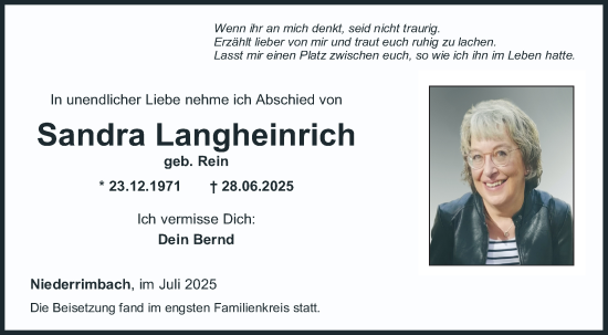 Traueranzeige von Sandra Langheinrich von Fränkische Nachrichten