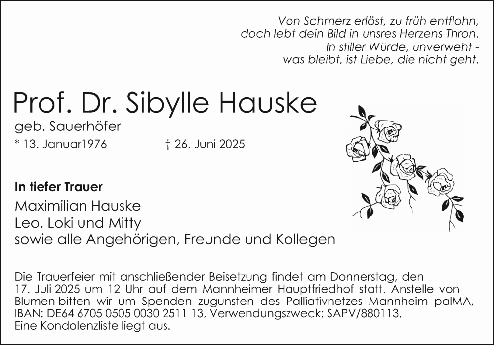  Traueranzeige für Sibylle Hauske vom 05.07.2025 aus Mannheimer Morgen