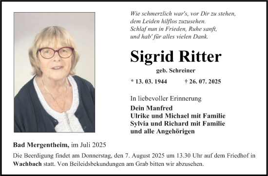 Traueranzeige von Sigrid Ritter von Fränkische Nachrichten