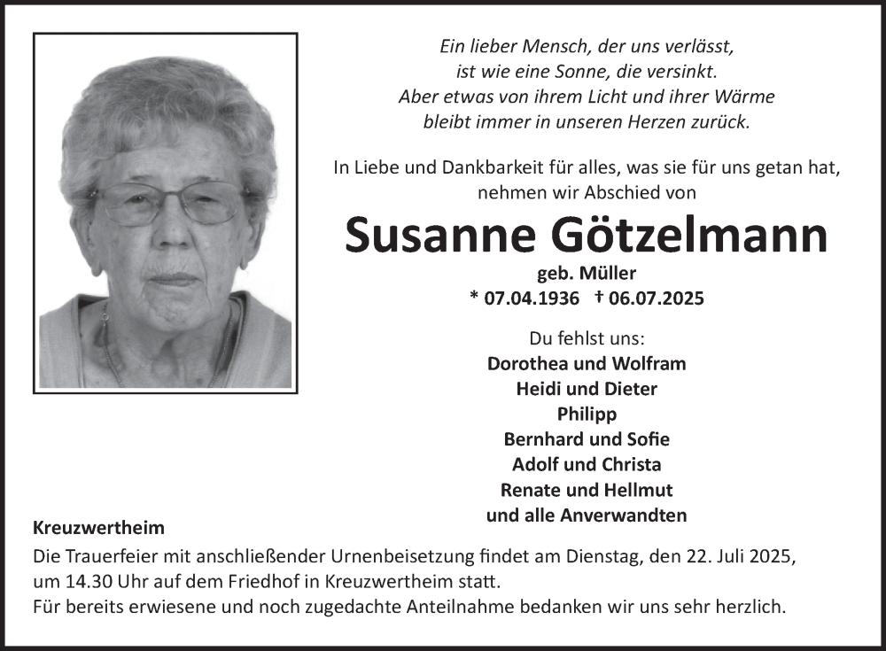 Traueranzeige für Susanne Götzelmann vom 16.07.2025 aus Fränkische Nachrichten