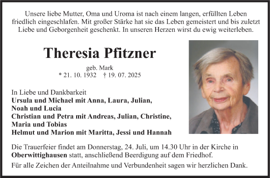 Traueranzeige von Theresia Pfitzner von Fränkische Nachrichten