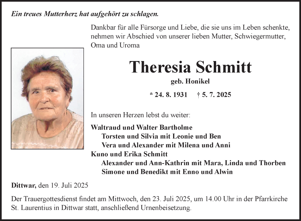  Traueranzeige für Theresia Schmitt vom 19.07.2025 aus Fränkische Nachrichten
