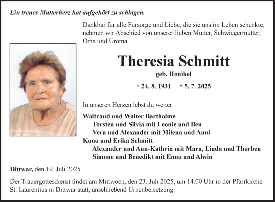 Traueranzeige von Theresia Schmitt von Fränkische Nachrichten