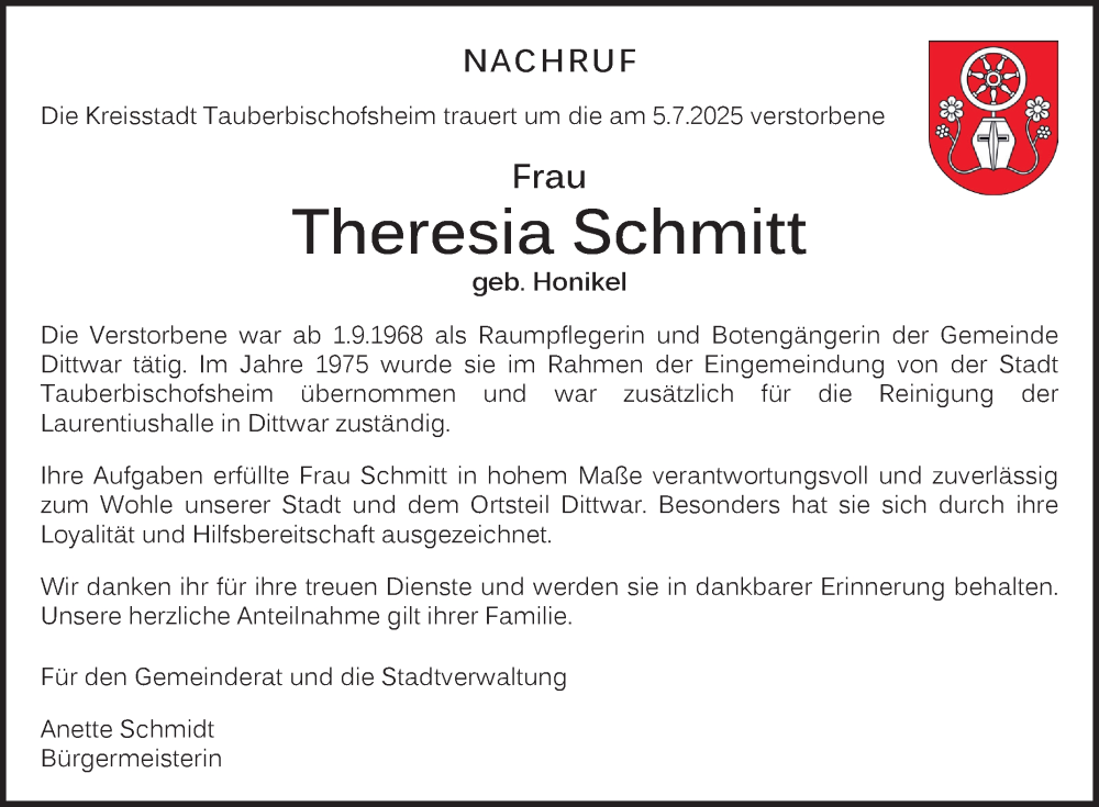  Traueranzeige für Theresia Schmitt vom 26.07.2025 aus Fränkische Nachrichten