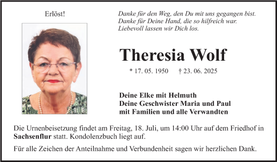 Traueranzeige von Theresia Wolf von Fränkische Nachrichten